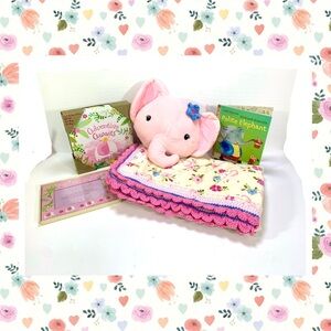 Pink Elephant Plush with Floral Blanket Set